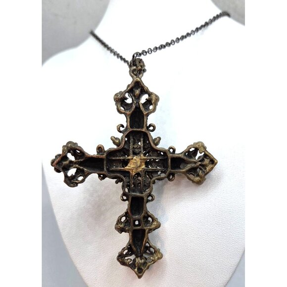 Vintage Ornate Cross Pendant Necklace With Rhinestones & Faux Pearls On Antique - Picture 3 of 3